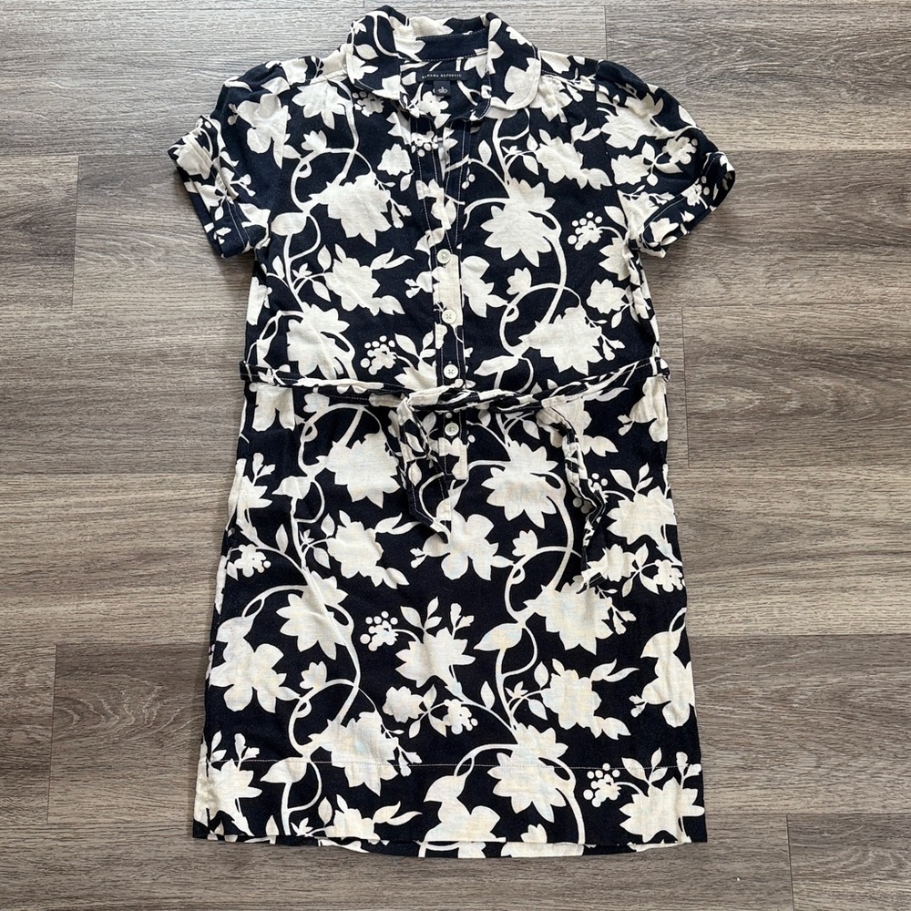 Banana Republic Navy and White Floral Button Down Mini Dress 6 Linen Casual